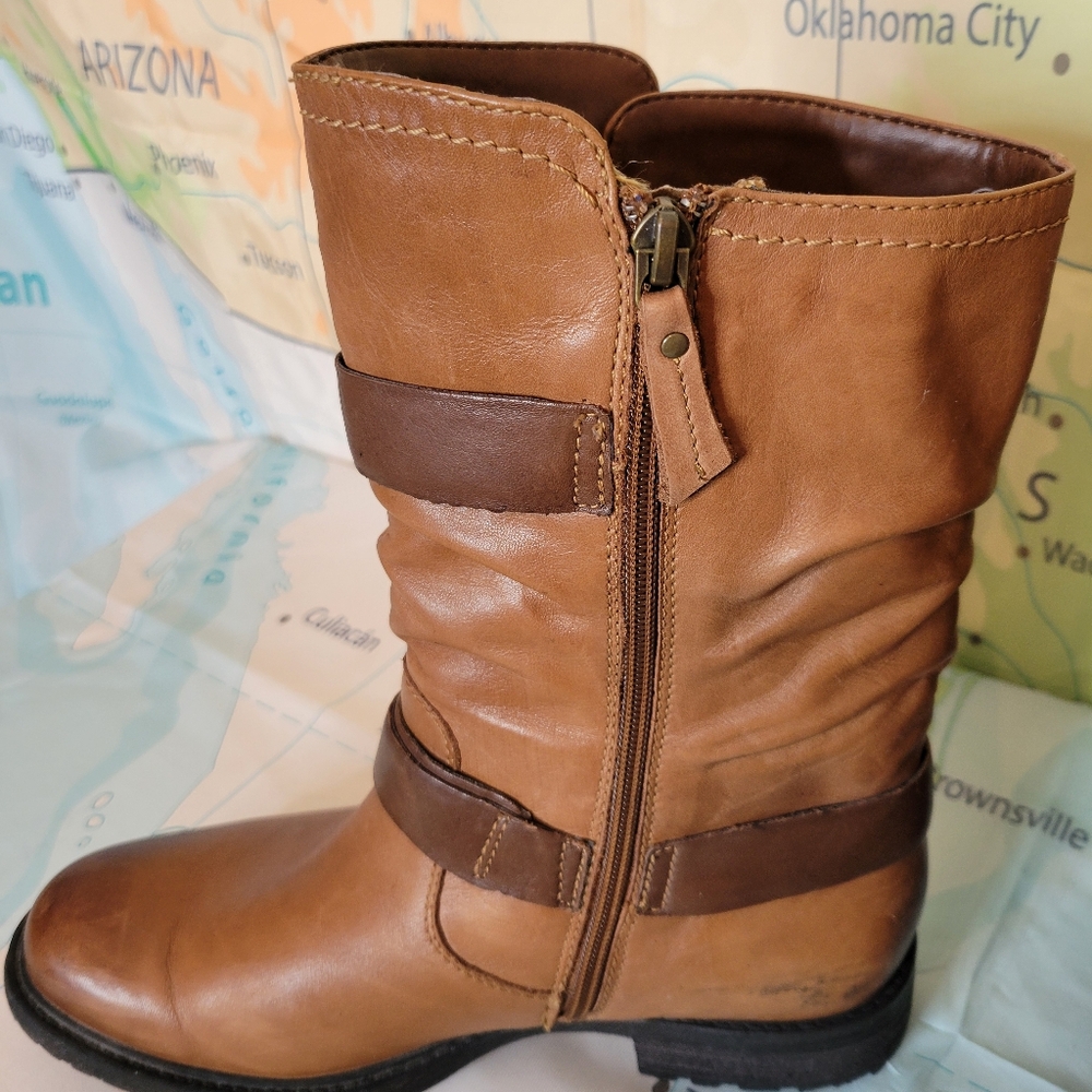 Earth Brown Leather Moto Buckle Boots Size 9.5 - Picture 11 of 13